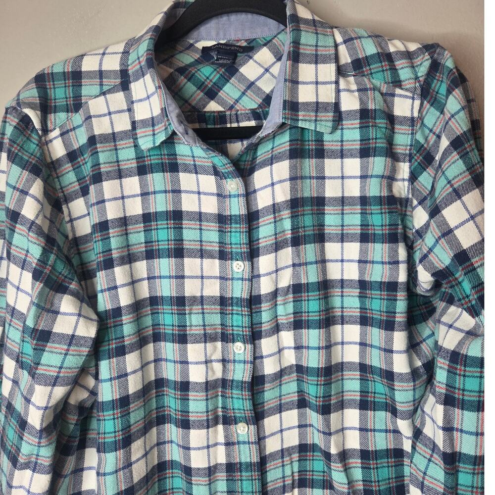 Lands' End Womens Size Large Blue White Aqua Striped Flannel Long Sleeve Shirt